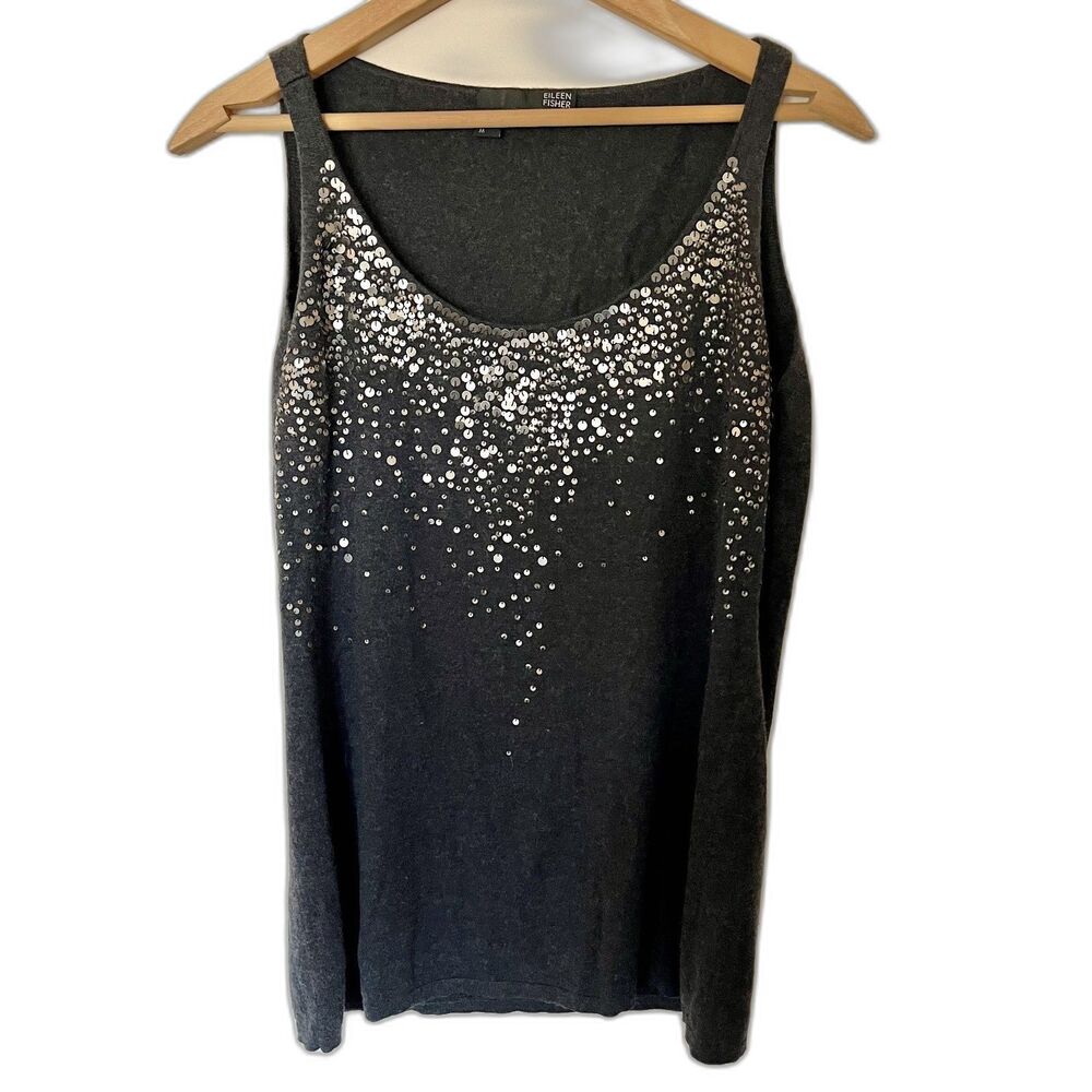Eileen Fisher Sequin Tank Cotton Cashmere Knit Top Medium Gray Silver Stellar